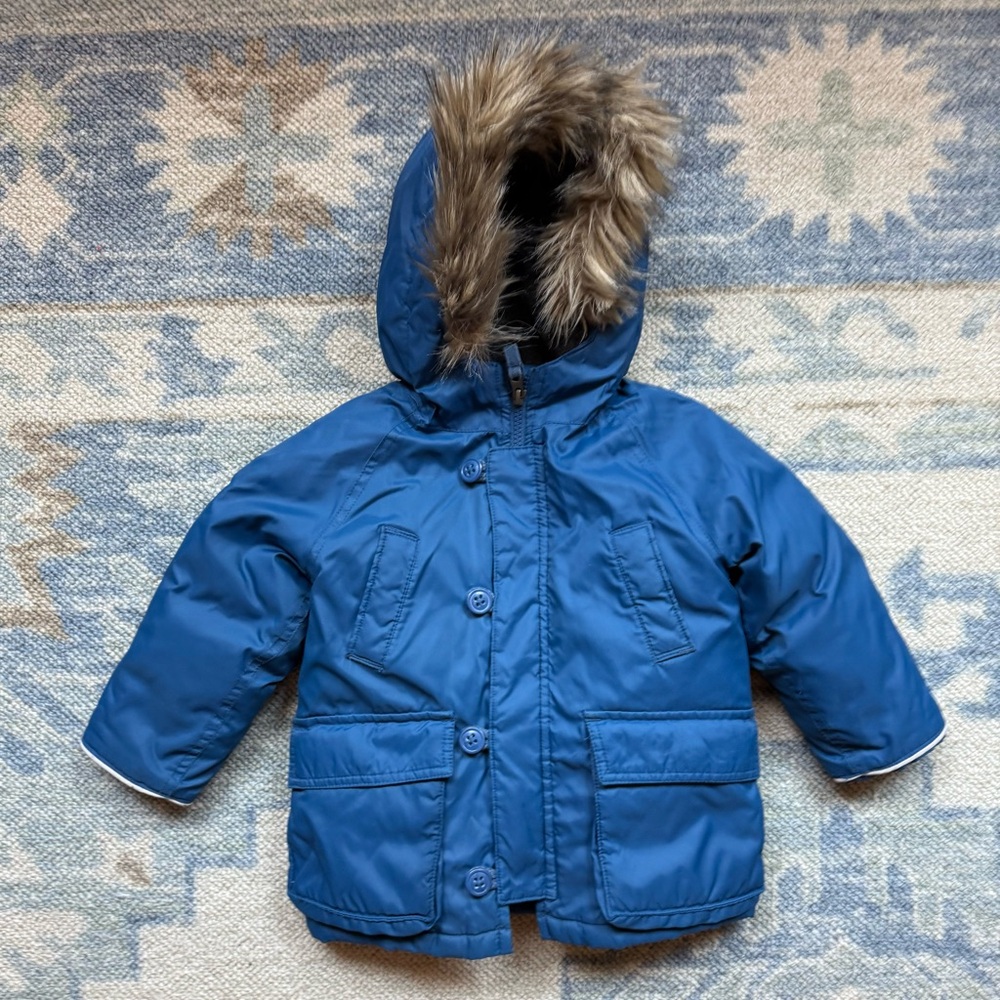 Blue Hooded Winter Jacket/Coat with Faux Fur Trim - Size 2T